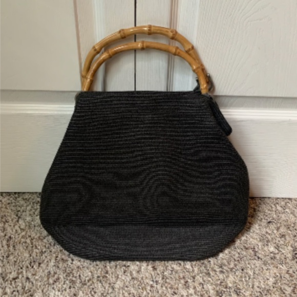 Vintage Black Woven Bag with Bamboo Handles - Picture 1 of 12